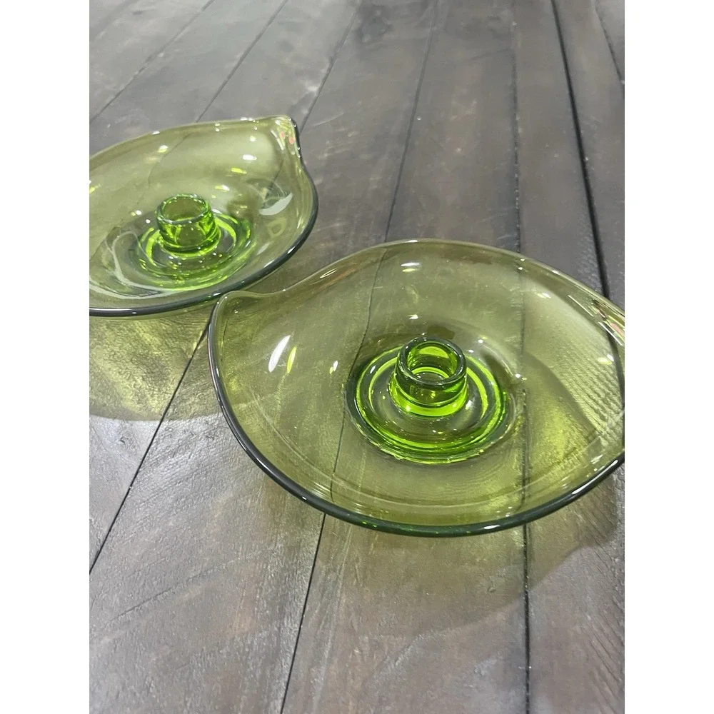 Viking Art Amoebic Epic Glass Candle‎ Holders #1196 Avocado Green Set of 2 MCM